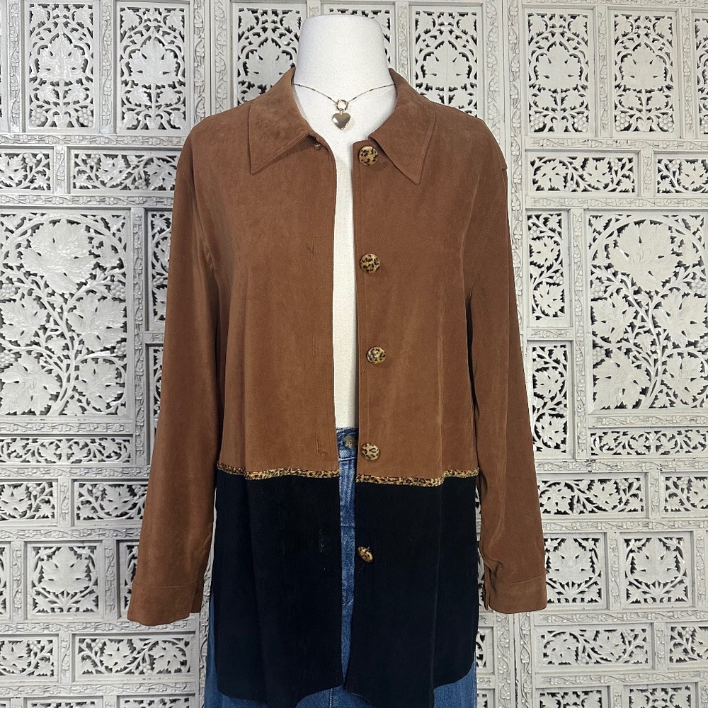 Vintage Brown and Black Earthy Colorblock Shirt Jacket With Velvet Buttons Sz‎ M